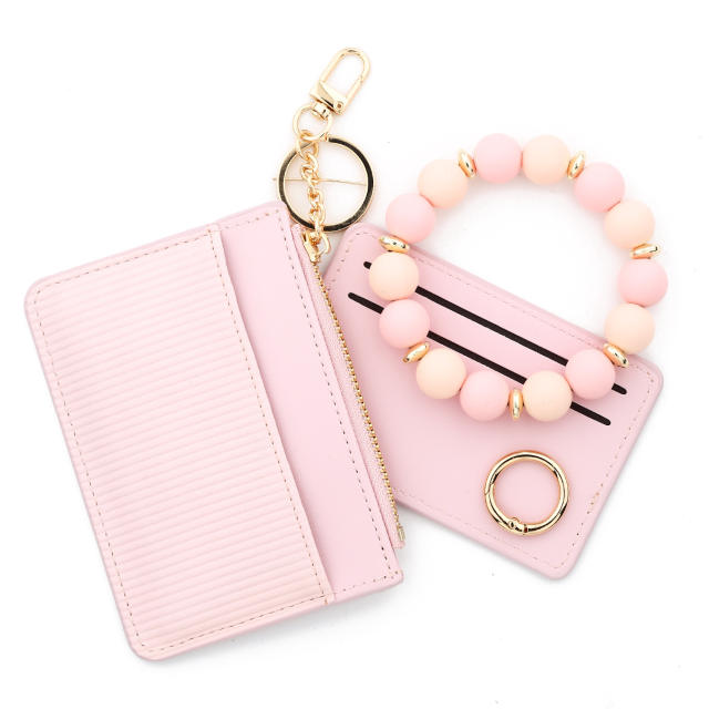 INS Pink Small Wallet Card Case Bank Card Set Silicone Bead Bracelet Leather Women's Wallet