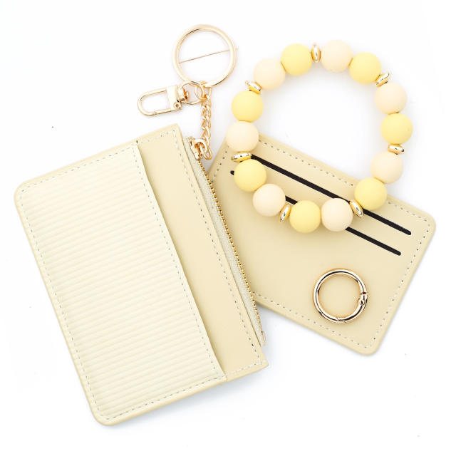 INS Pink Small Wallet Card Case Bank Card Set Silicone Bead Bracelet Leather Women's Wallet