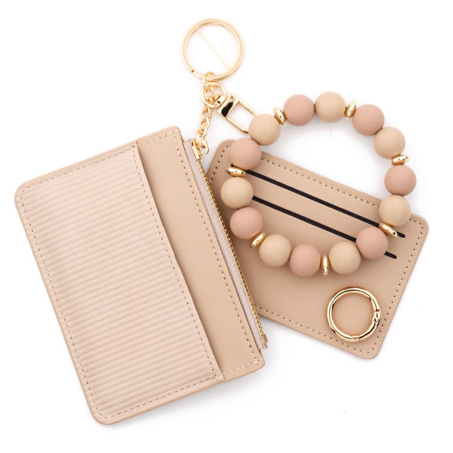INS Pink Small Wallet Card Case Bank Card Set Silicone Bead Bracelet Leather Women's Wallet