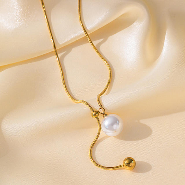 Stainless Steel necklace Small Round Bead Pearl Tassel long necklace sweater chain