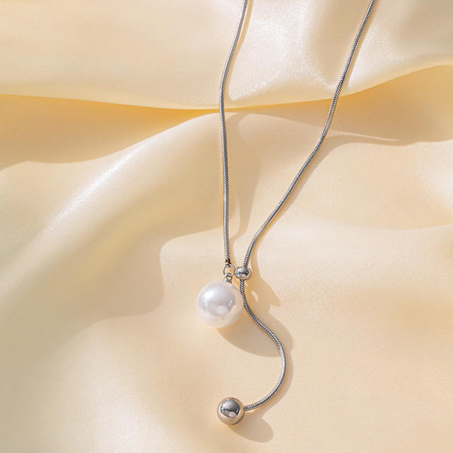 Stainless Steel necklace Small Round Bead Pearl Tassel long necklace sweater chain
