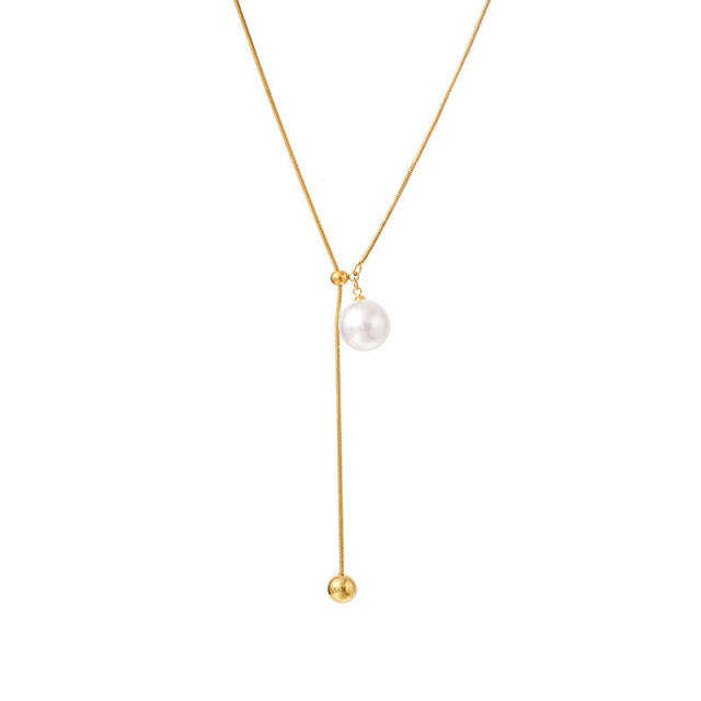 Stainless Steel necklace Small Round Bead Pearl Tassel long necklace sweater chain