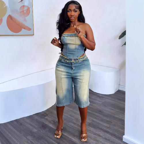 Women's Jeans suit Fashion Wrap Top High Waist Denim Shorts