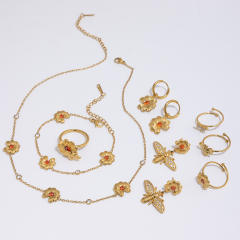 18KG orange diamond inlaid flower stainless steel necklace bracelet earrings
