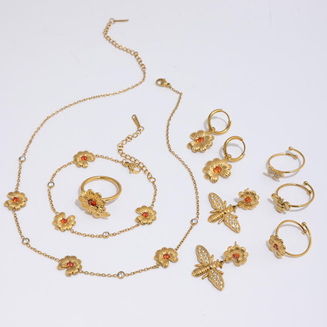 18KG orange diamond inlaid flower stainless steel necklace bracelet earrings