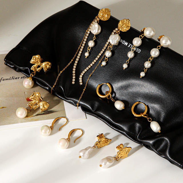 French Retro Earrings 18K Gold Stainless Steel Earrings pearl inlaid earrings for women