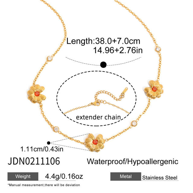 18KG orange diamond inlaid flower stainless steel necklace bracelet earrings