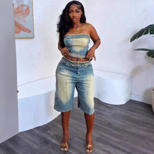Women's Jeans suit Fashion Wrap Top High Waist Denim Shorts