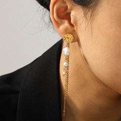 French Retro Earrings 18K Gold Stainless Steel Earrings pearl inlaid earrings for women