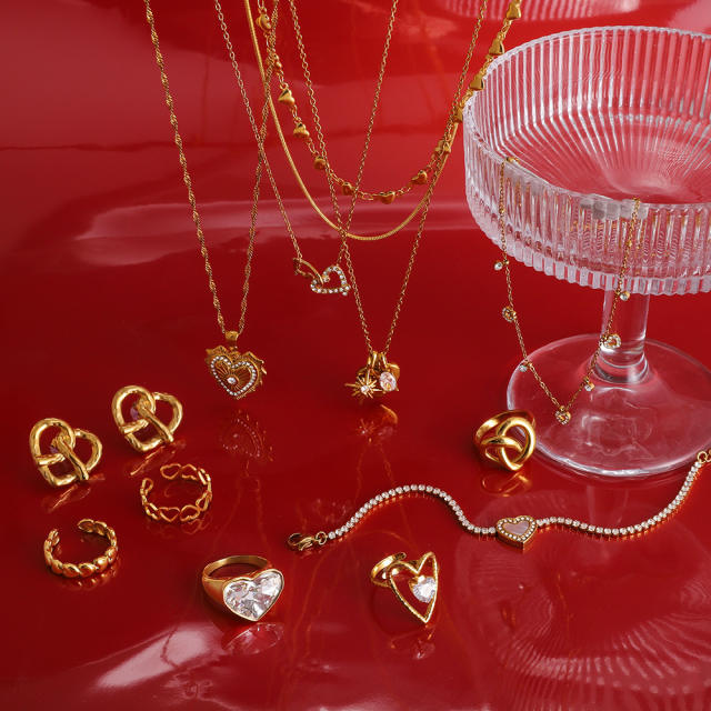 Valentines's day gift diamond heart stainless steel necklace bracelet rings set