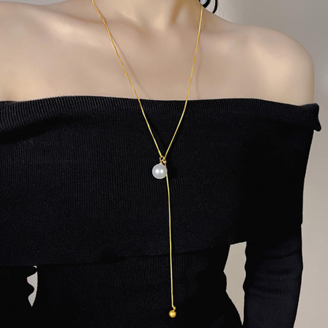 Stainless Steel necklace Small Round Bead Pearl Tassel long necklace sweater chain