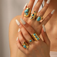 New Geometric Natural Stone Stainless Steel Ring for Women turquoise stone rings