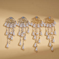 Silver needle imitation pearl drop tassel long earrings for party wedding