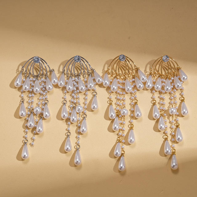Silver needle imitation pearl drop tassel long earrings for party wedding