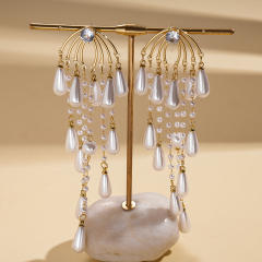 Silver needle imitation pearl drop tassel long earrings for party wedding