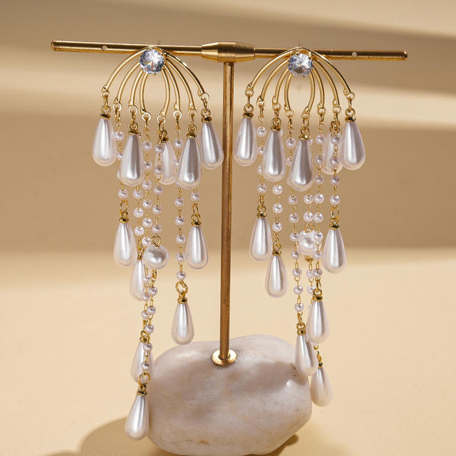 Silver needle imitation pearl drop tassel long earrings for party wedding