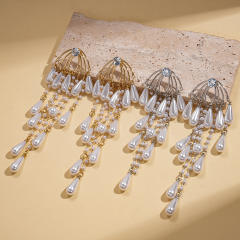 Silver needle imitation pearl drop tassel long earrings for party wedding