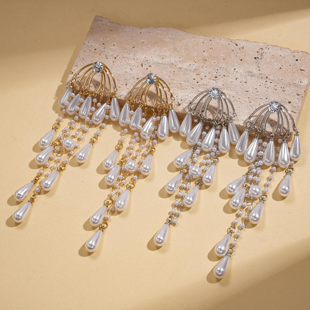 Silver needle imitation pearl drop tassel long earrings for party wedding