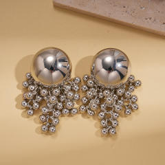 Silver needle geometric bead ball tassel earrings