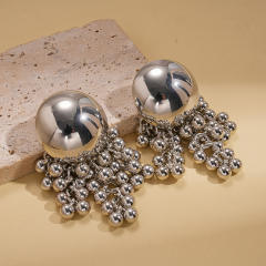Silver needle geometric bead ball tassel earrings