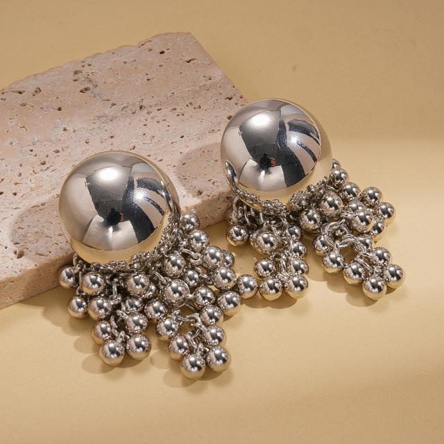 Silver needle geometric bead ball tassel earrings