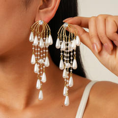 Silver needle imitation pearl drop tassel long earrings for party wedding