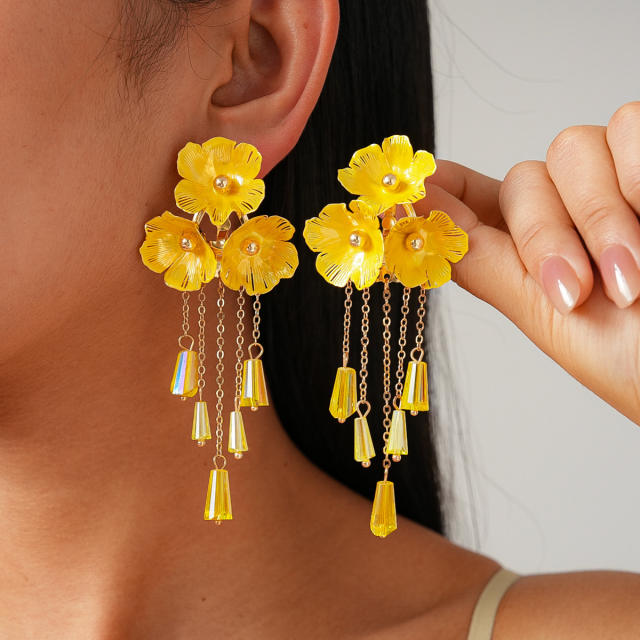 Color painting flower crystal bead tassel long necklace