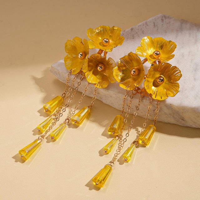Color painting flower crystal bead tassel long necklace