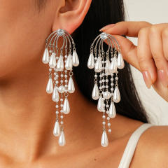 Silver needle imitation pearl drop tassel long earrings for party wedding