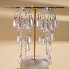 Silver needle imitation pearl drop tassel long earrings for party wedding