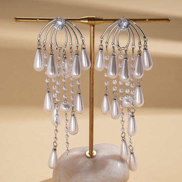 Silver needle imitation pearl drop tassel long earrings for party wedding