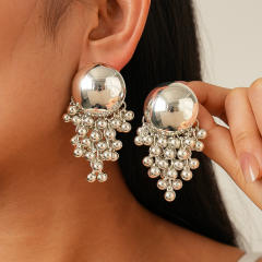 Silver needle geometric bead ball tassel earrings