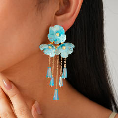 Color painting flower crystal bead tassel long necklace