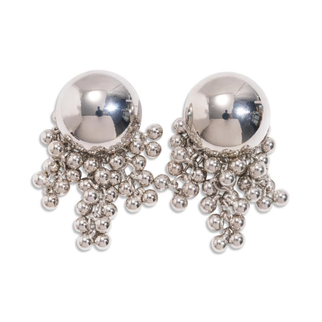 Silver needle geometric bead ball tassel earrings