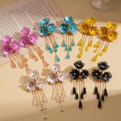 Color painting flower crystal bead tassel long necklace