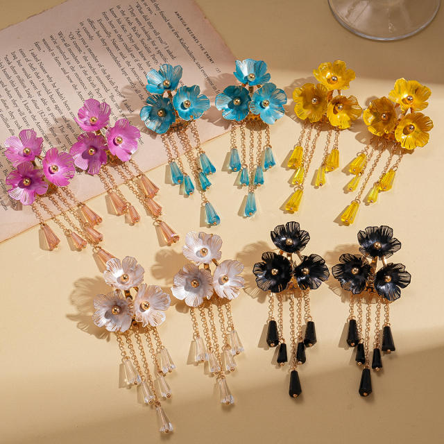 Color painting flower crystal bead tassel long necklace