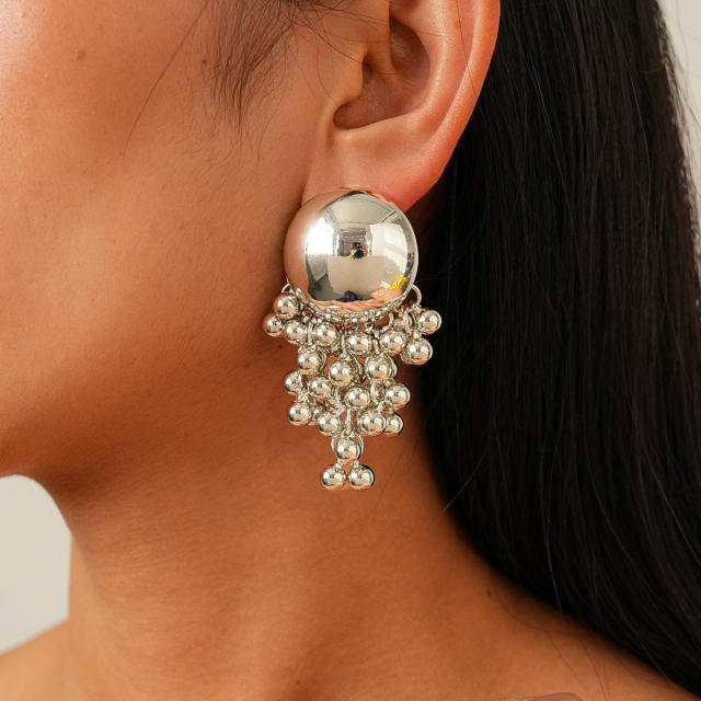 Silver needle geometric bead ball tassel earrings