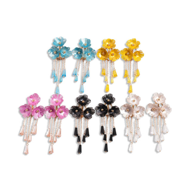 Color painting flower crystal bead tassel long necklace