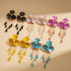 Color painting flower crystal bead tassel long necklace