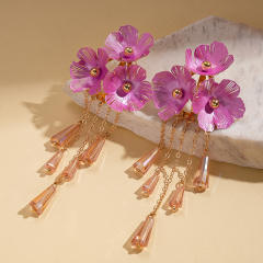 Color painting flower crystal bead tassel long necklace
