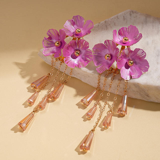 Color painting flower crystal bead tassel long necklace