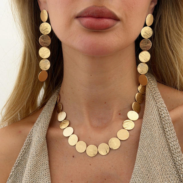 Simple metal round piece alloy necklace earrings set