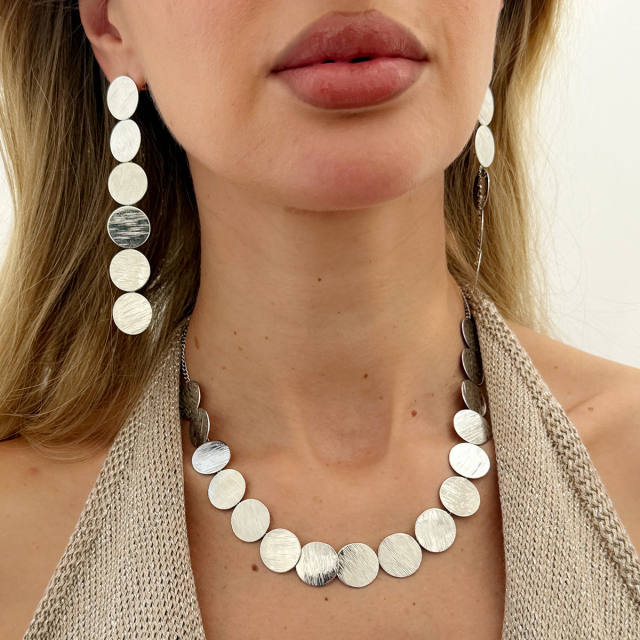 Simple metal round piece alloy necklace earrings set