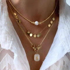 18K round piece tassel pearl bead stack necklace stainless steel necklace