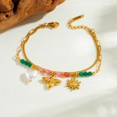 Sweet colorful bead sun bee heart charm stainless steel bracelet