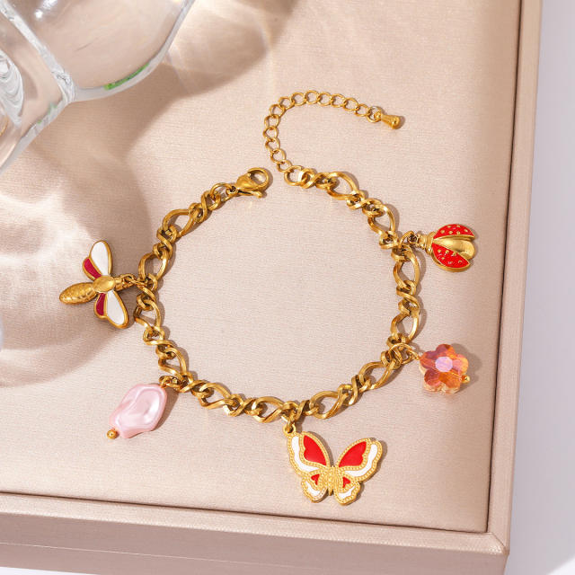 Sweet enamel butterfly charm stainless steel necklace bracelet set