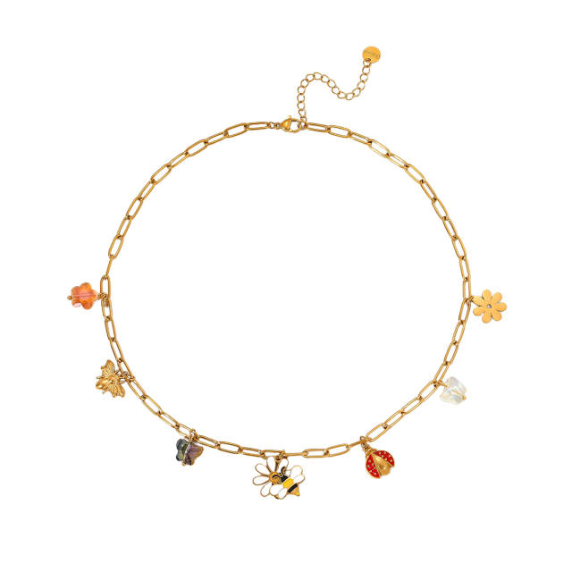 Sweet enamel butterfly charm stainless steel necklace bracelet set
