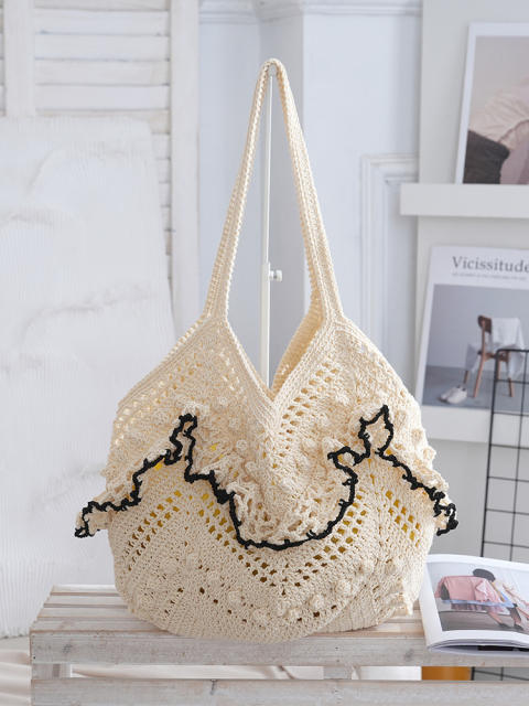 2026 Woven Shoulder Bag Handmade Woven Hollow Tote Bag Beach Vacation Women's Bag