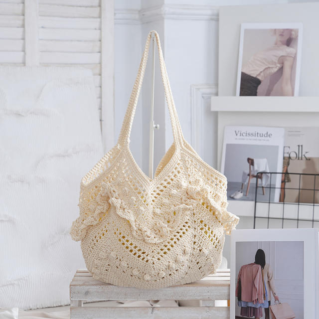 2026 Woven Shoulder Bag Handmade Woven Hollow Tote Bag Beach Vacation Women's Bag
