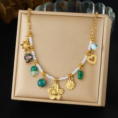 Vintage pearl bead chain multi element charm stainless steel necklace